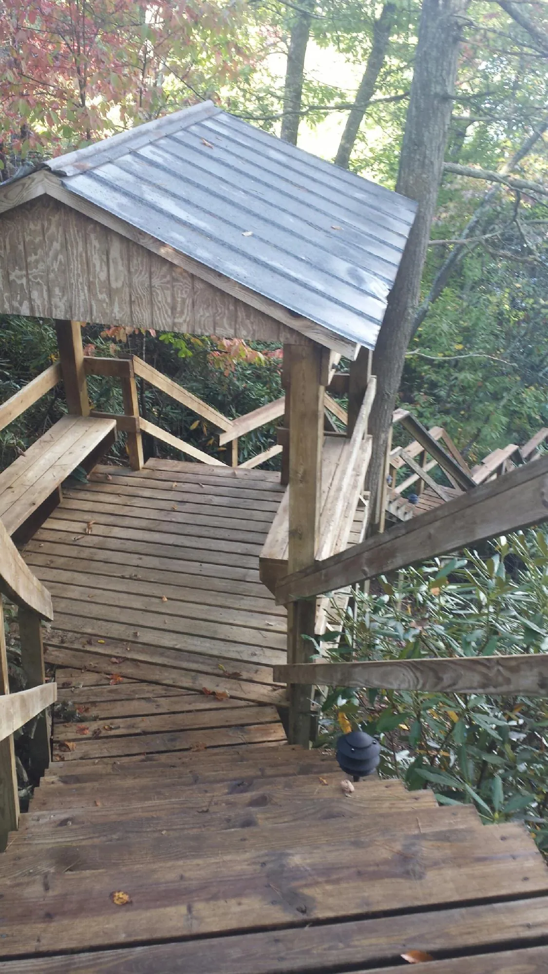 Metal roofed shelter over wooden steps on a wooded walkway — Skylight Repair & Installation work by our crew in Caroleen
